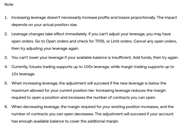 The notes in OKX's How do I adjust leverage levels? help page: leverage changes take effect immediately, open TP/SL or limit orders may stop an adjustment, leverage can't be lowered with insufficient available balance, futures go up to 100x and margin trading up to 10x, and how margin and the number of contracts change when leverage goes up or down