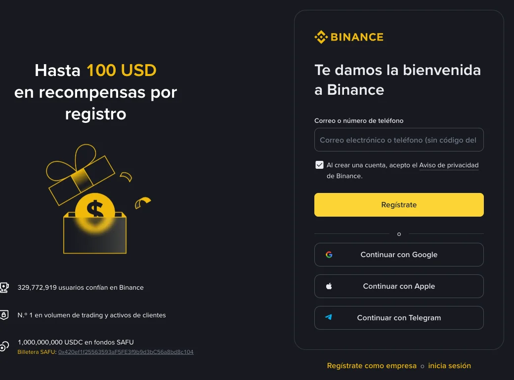 Pantalla de registro de Binance en espa&ntilde;ol: el t&iacute;tulo Te damos la bienvenida a Binance, un campo de correo o n&uacute;mero de tel&eacute;fono, la casilla del aviso de privacidad marcada, el bot&oacute;n Reg&iacute;strate y las opciones Continuar con Google, Apple y Telegram