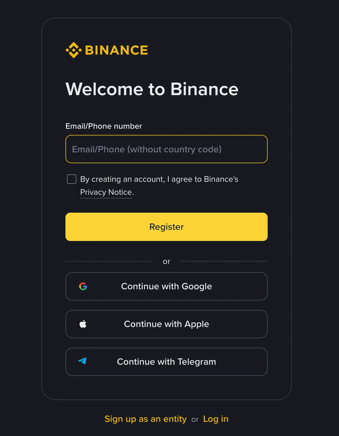 Binance sign-up page: the email or phone field, the privacy checkbox, the Register button and the Google, Apple and Telegram alternatives
